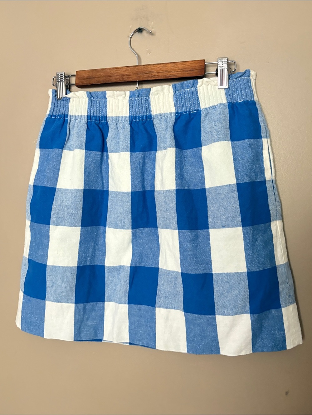 J.Crew Linen-Cotton Mini Skirt blue & white oversized gingham checkers sz S EUC - Picture 2 of 14